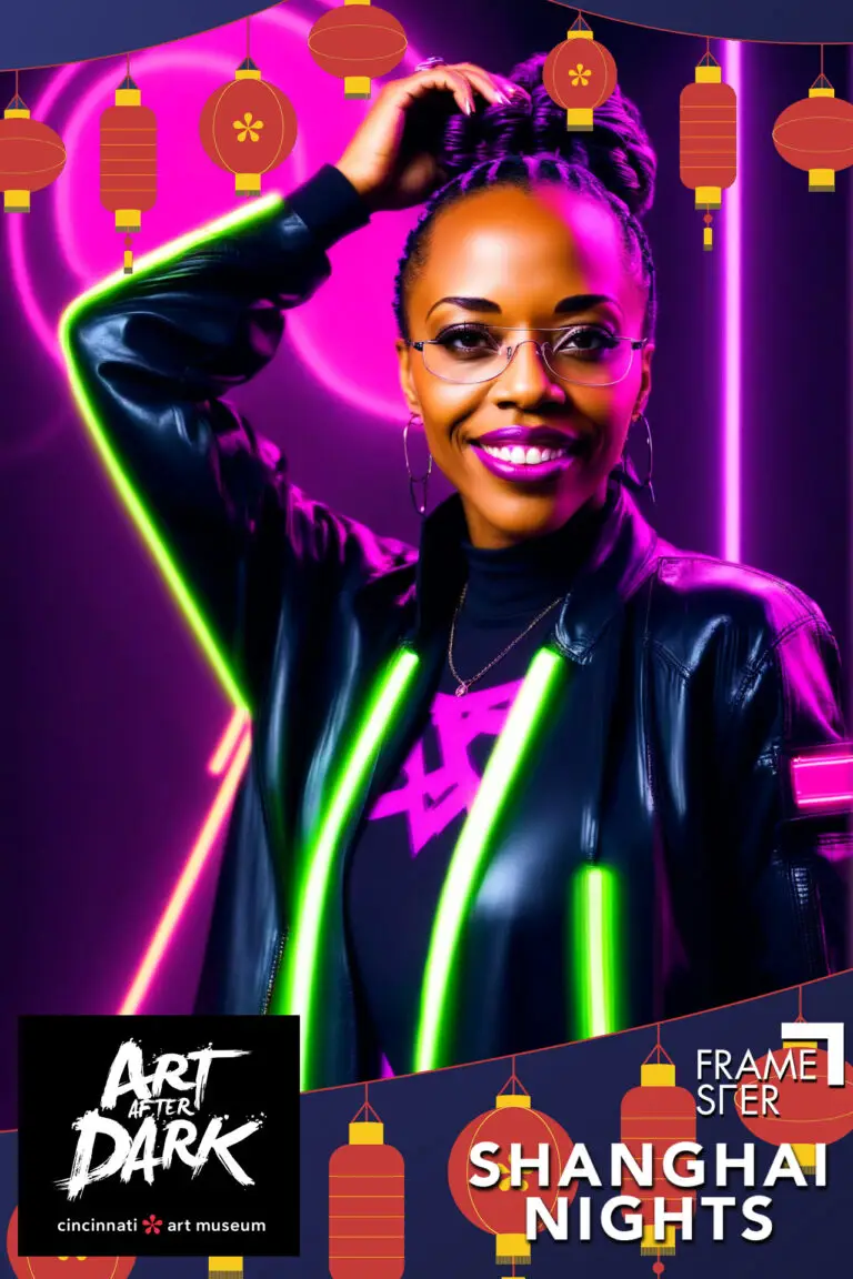 Young woman posing for a futuristic AI theme filter photo using Framester Selfie Booth at Art After Dark event, Cincinnati Ohio