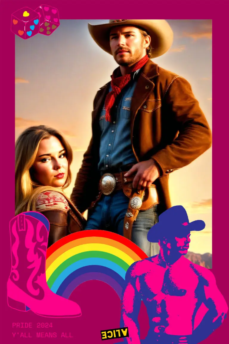 Couple using cowboy western AI filter in a Framester Selfie Booth during a private party in OTR Cincinnati